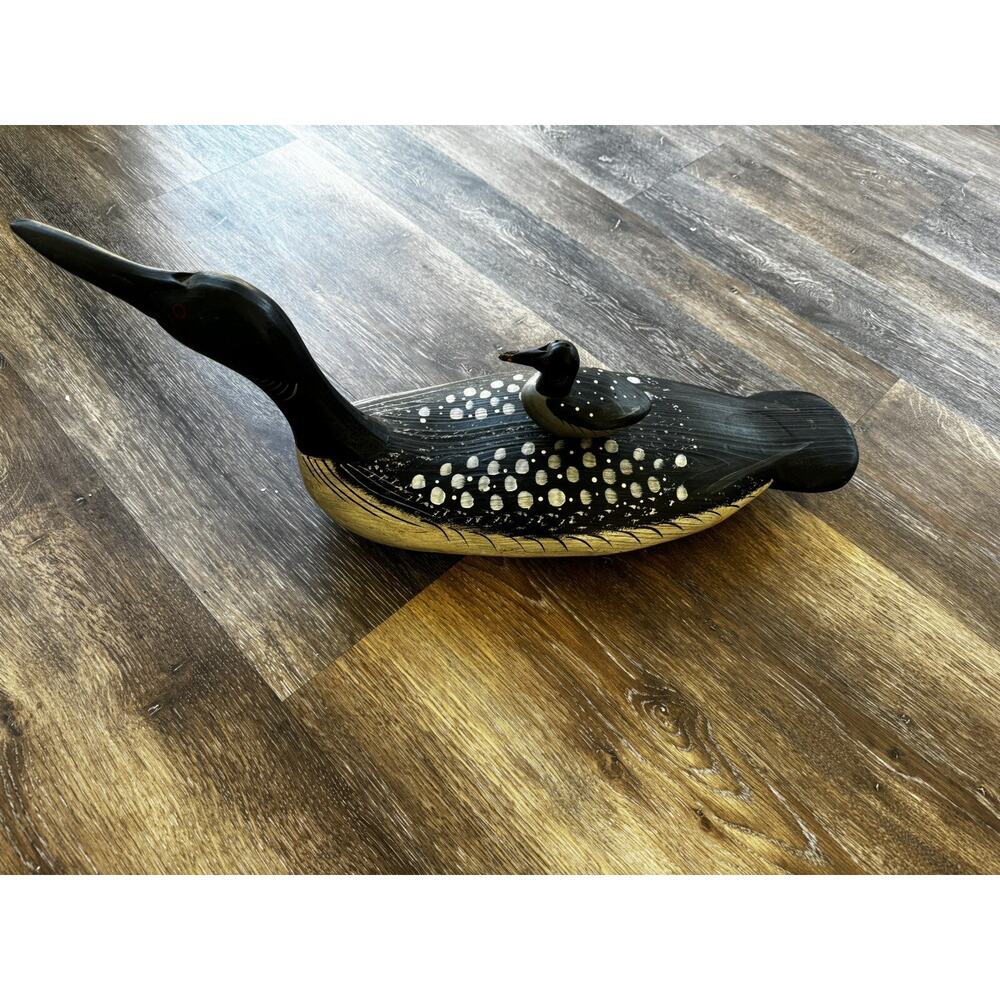 Vintage Hand-Carved Wooden Duck With Baby Duck Decoy Bryant L 29xH 11x W9”